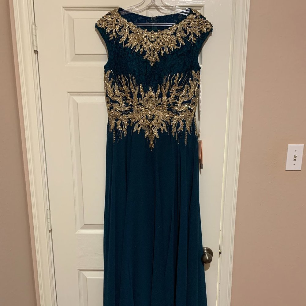 Elizabeth K Lace Embroidered Bateau Chiffon A-line Dress, Size Medium, Teal Colo